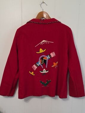Vintage Lopez 100% Wool Red Embroidered Southwestern Cardigan Jacket M Unisex